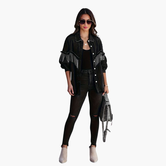 Women’s Denim Jacket with Buttons and Fringe