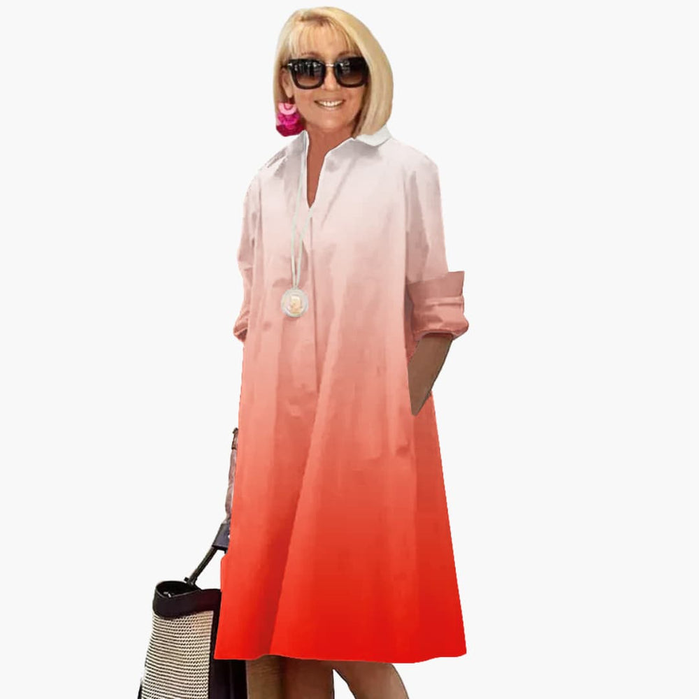 Women's Midi Dress with Collared V-Neck and Side Pockets