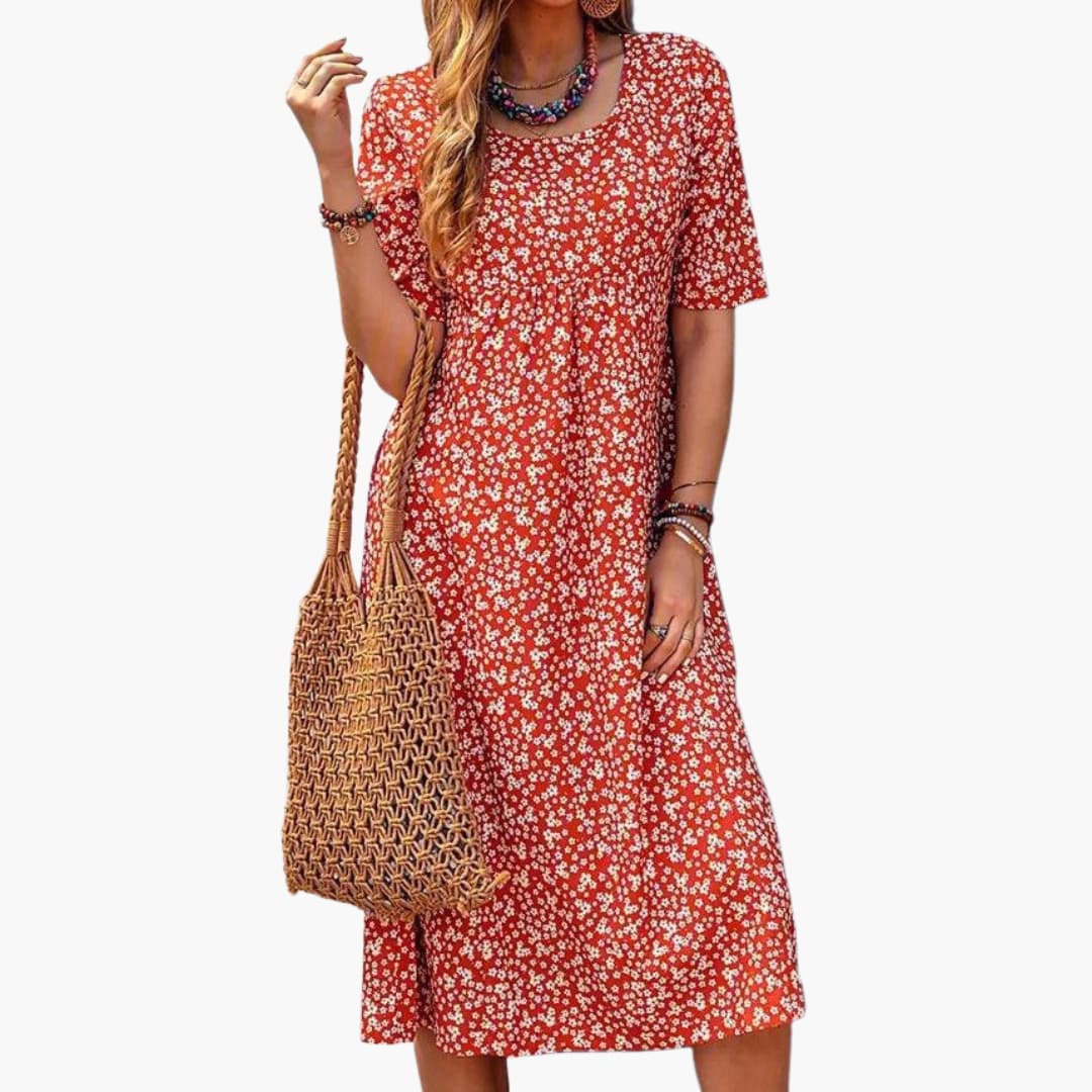 Women's Midi Dress with Round Neck and Side Pockets