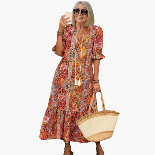 Women's Boho Midi Dress with Half Sleeves and Paisley Print