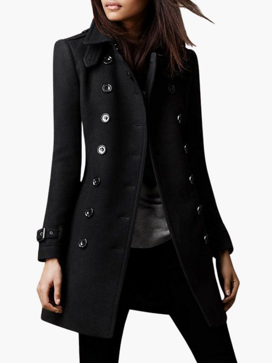 Women’s Long Peacoat with Double-Breasted Front and Belted Cuffs