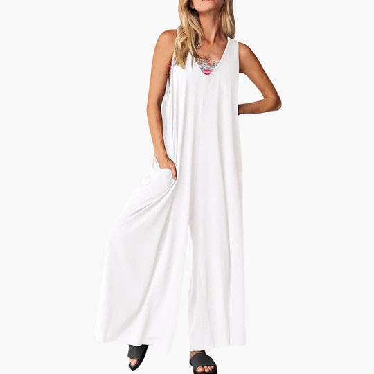 Women's Sleeveless Jumpsuit with V-Neckline and Wide-Leg Cut