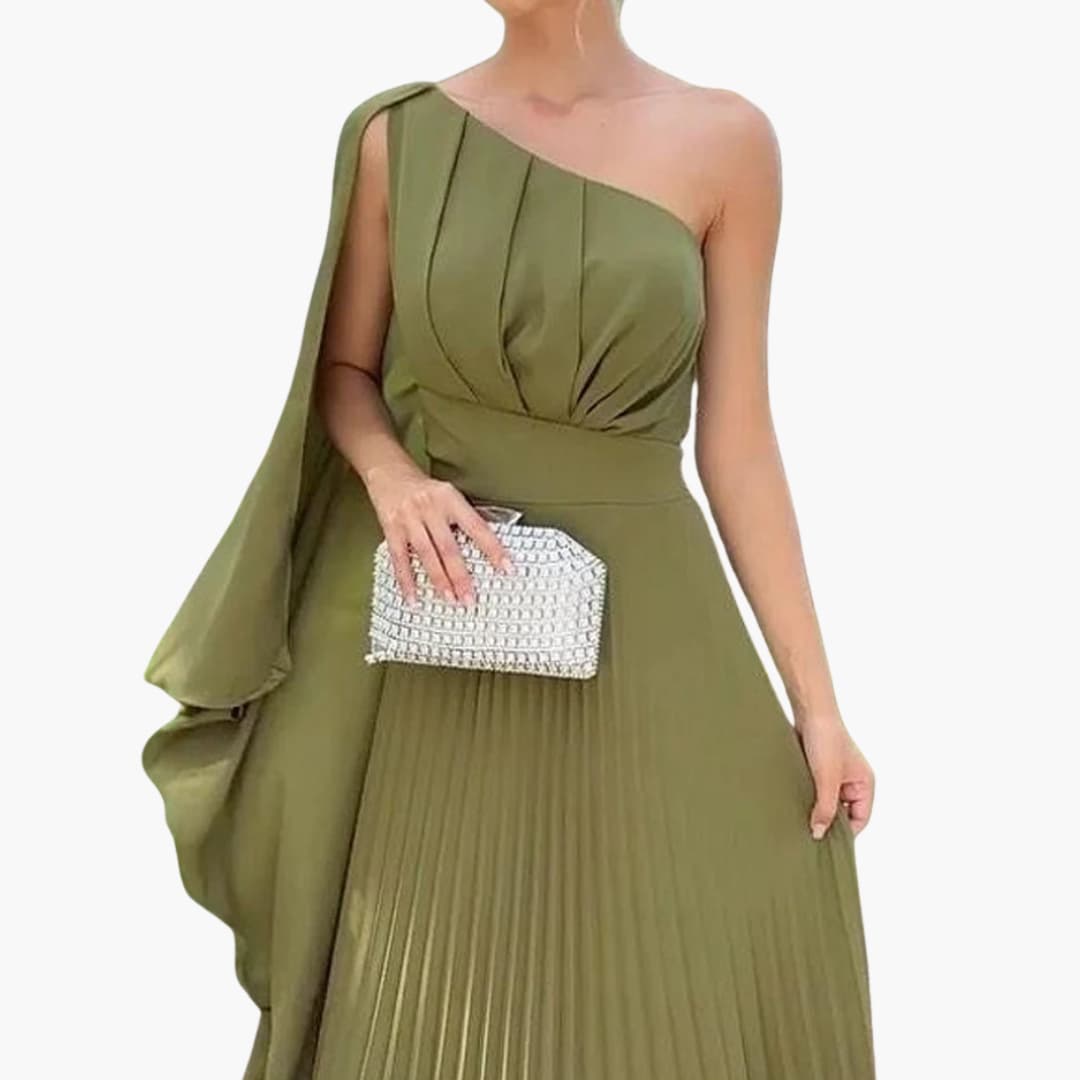 Women's Evening Dress with One-Shoulder Neckline and Pleated Skirt
