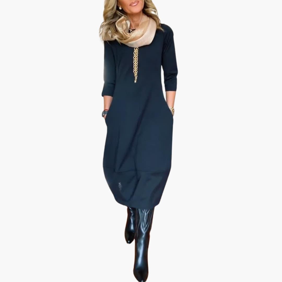 Women's Round Neck Dress with Long Sleeves and Side Pockets