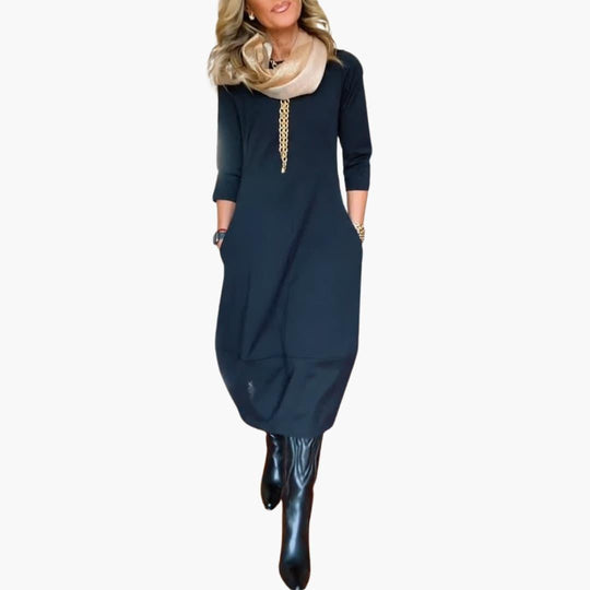 Women's Round Neck Dress with Long Sleeves and Side Pockets