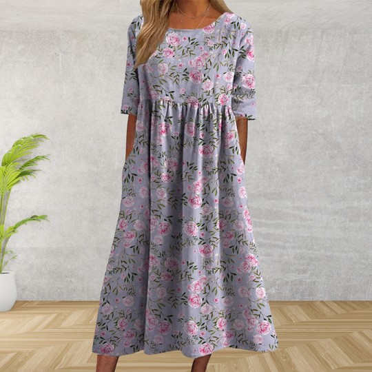 Women's Midi Dress with Embroidered Accents and Relaxed Fit