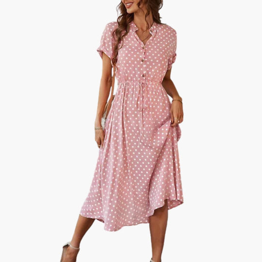 Women’s Midi Dress with Button-Through Front and Drawstring Waist
