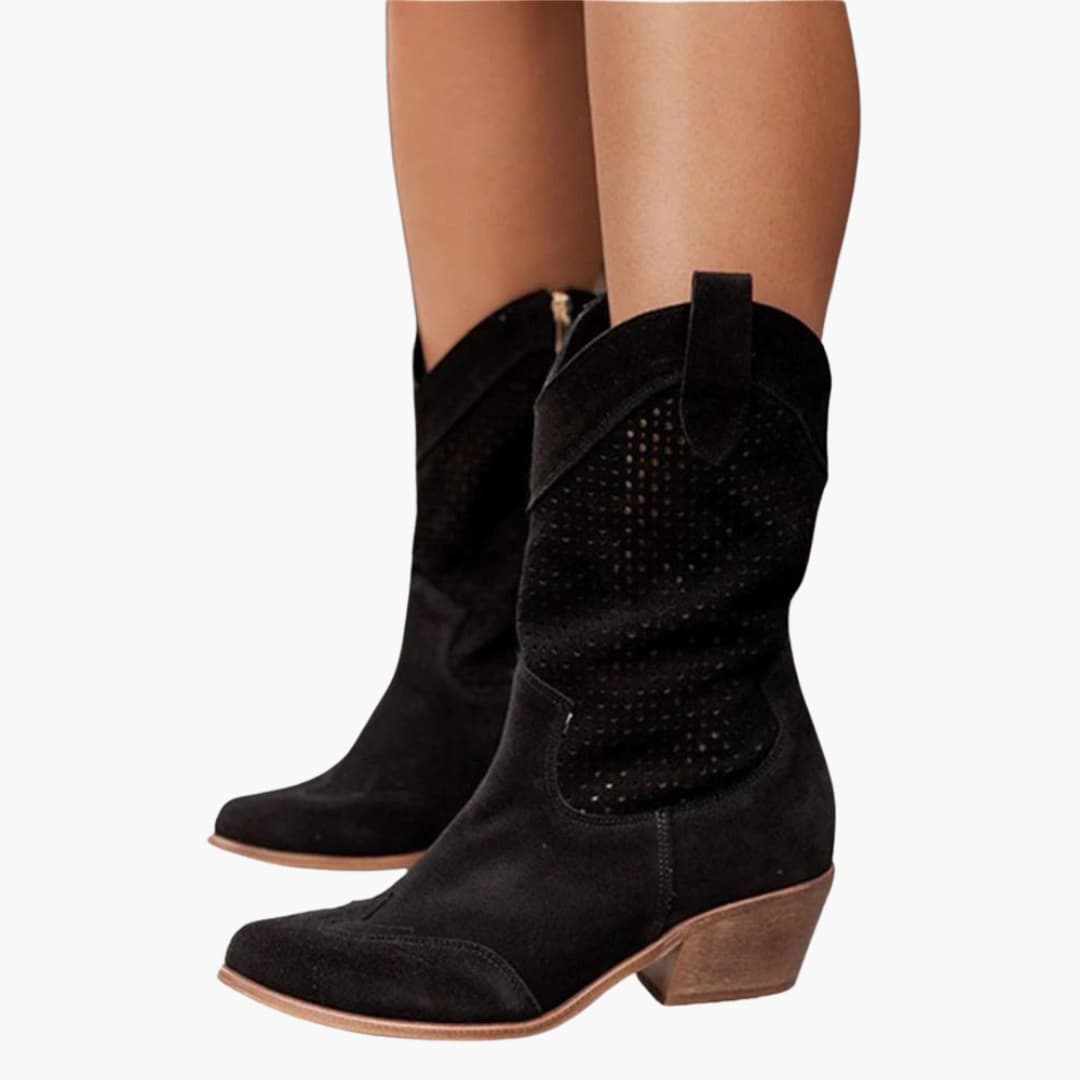 Women's Mid-Calf Boots with Perforated Upper and Low Block Heel