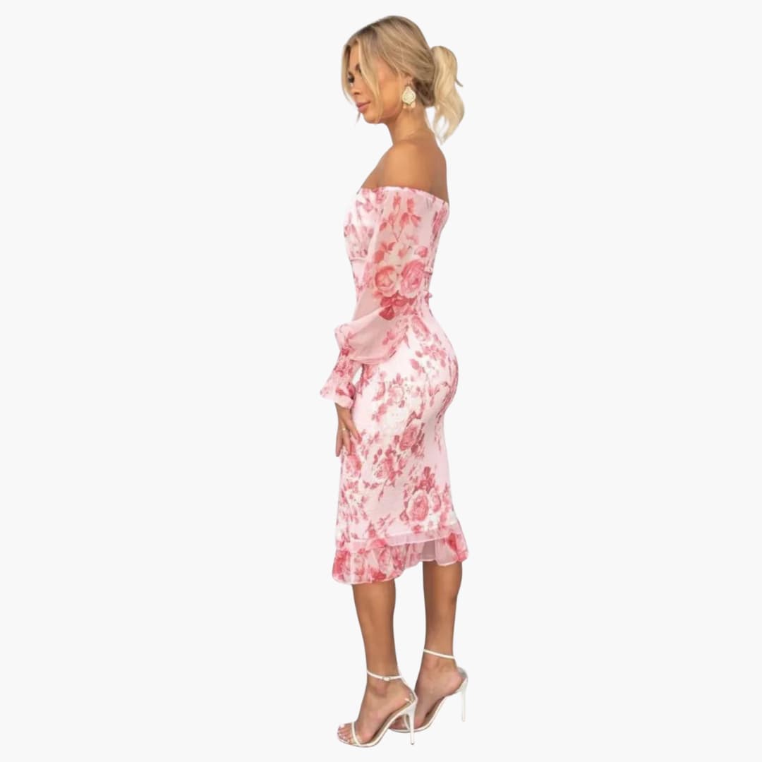 Women's Floral Midi Dress with Off-the-Shoulder Neckline and Sheer Sleeves
