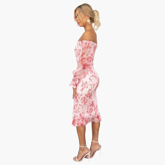 Women's Floral Midi Dress with Off-the-Shoulder Neckline and Sheer Sleeves