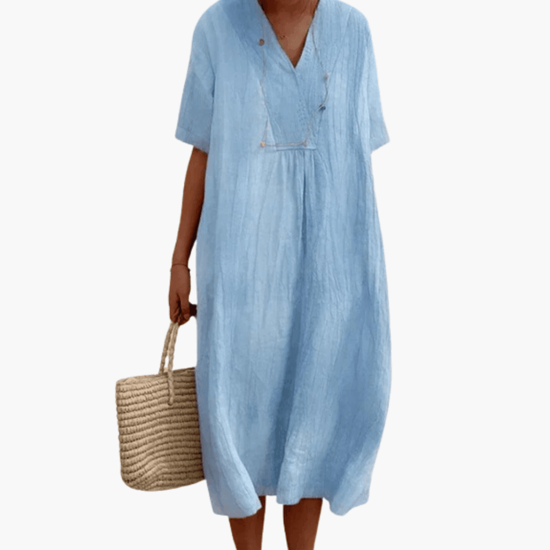 Women's Midi Dress with Short Sleeves and V-Neck