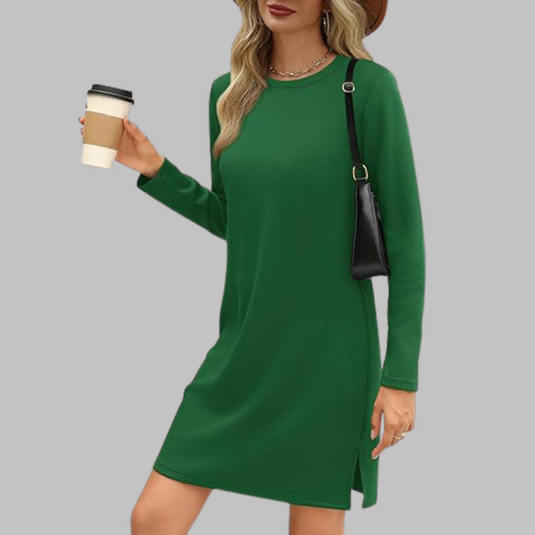 Women's Casual Mini Dress with Long Sleeves and Round Neck