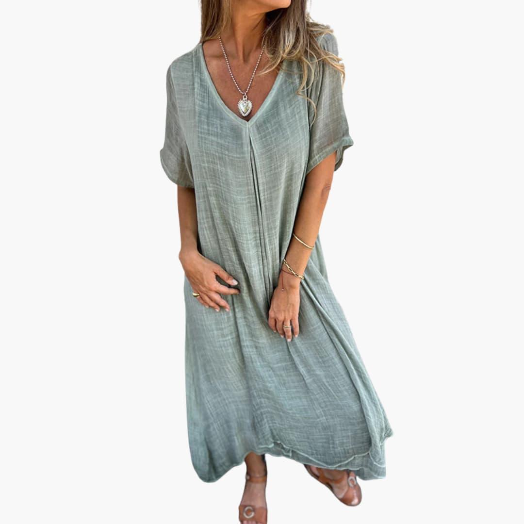 Women's Midi Dress with V-Neck and Short Sleeves