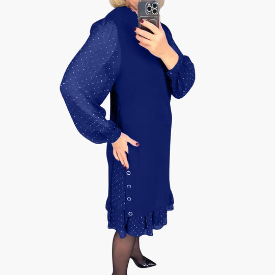 Women's Knee-Length Dress with Sheer Sleeves and Ruffle Hem