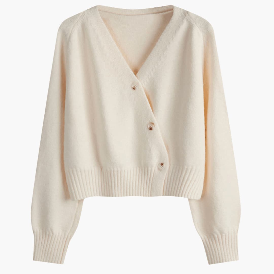 Women's V-Neck Buttoned Cardigan with Long Sleeves and Ribbed Hem