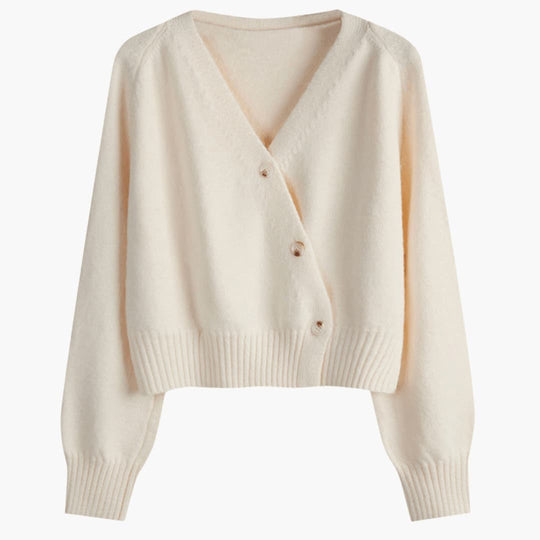 Women's V-Neck Buttoned Cardigan with Long Sleeves and Ribbed Hem
