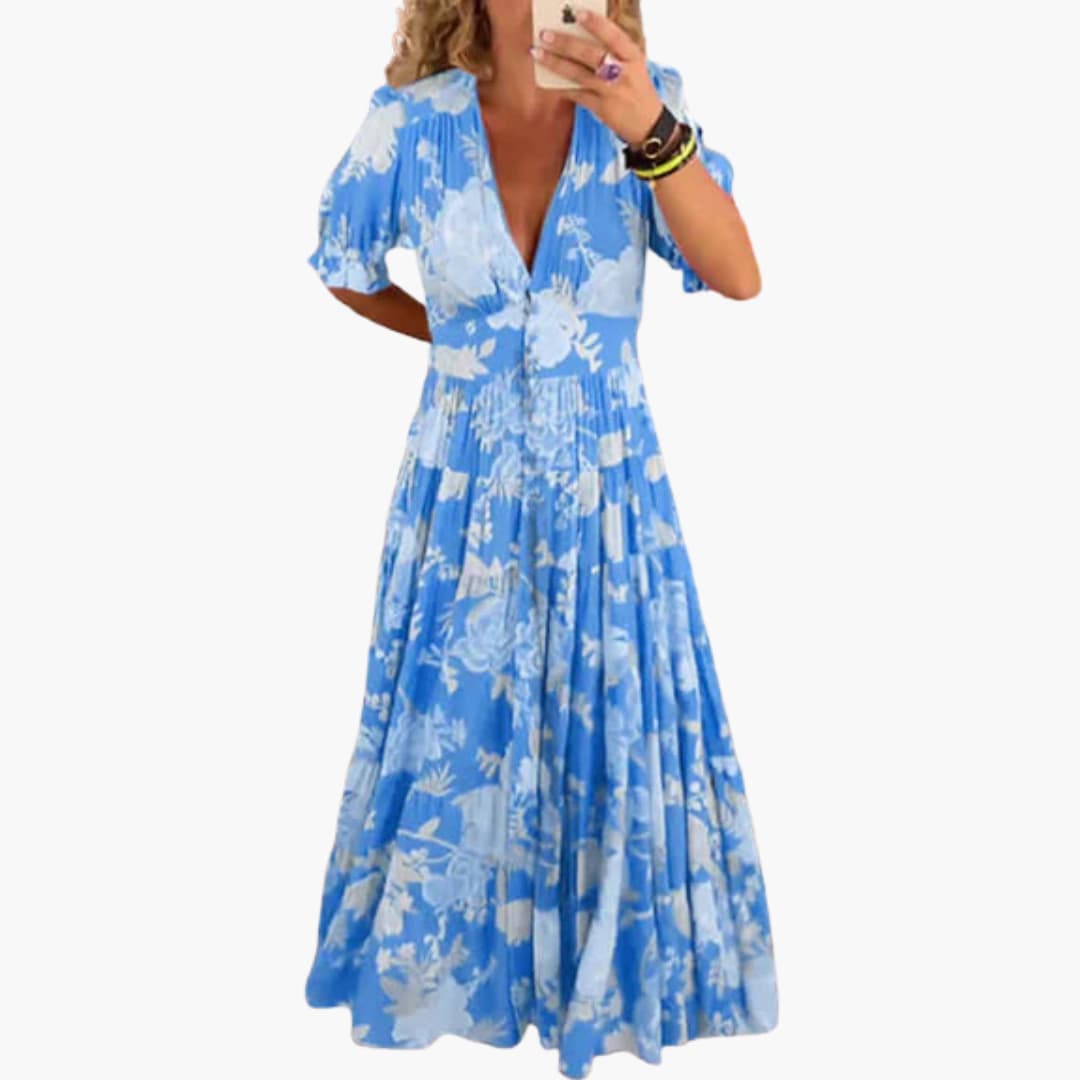 Women’s Maxi Dress with Deep V-Neckline and Pleated Skirt