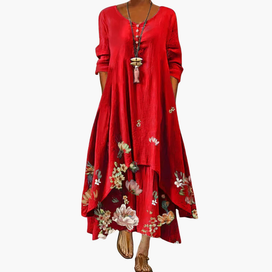 Women’s Maxi Dress with Asymmetric Hem and Long Sleeves