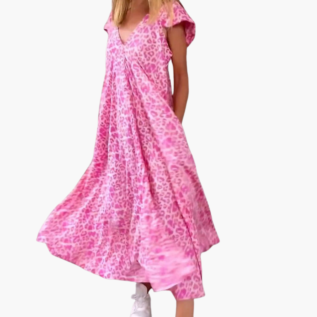 Women’s Midi Dress with V-Neck and Leopard Print