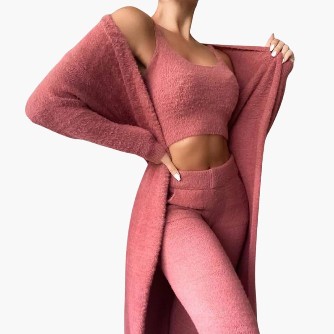 Women's 3-Piece Loungewear Set with Cardigan and Cropped Top