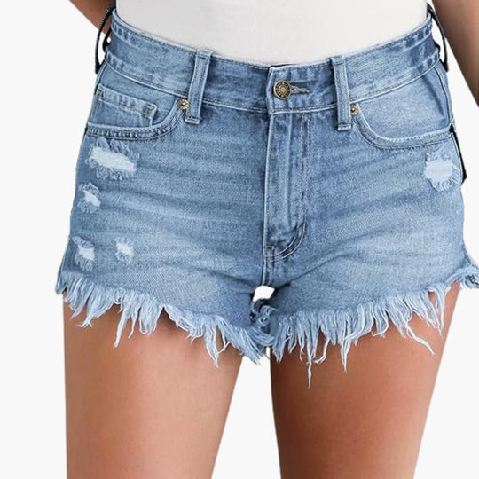 Women's High-Waisted Denim Shorts with Distressed Detailing