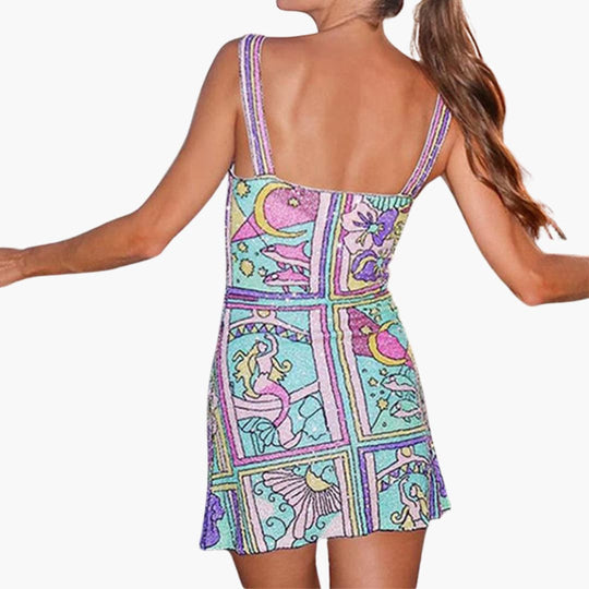 Women’s Mini Dress with Square Neckline and Mermaid Print