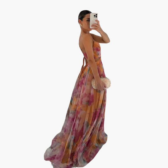 Women’s Maxi Dress with Floral Print and Fitted Waist
