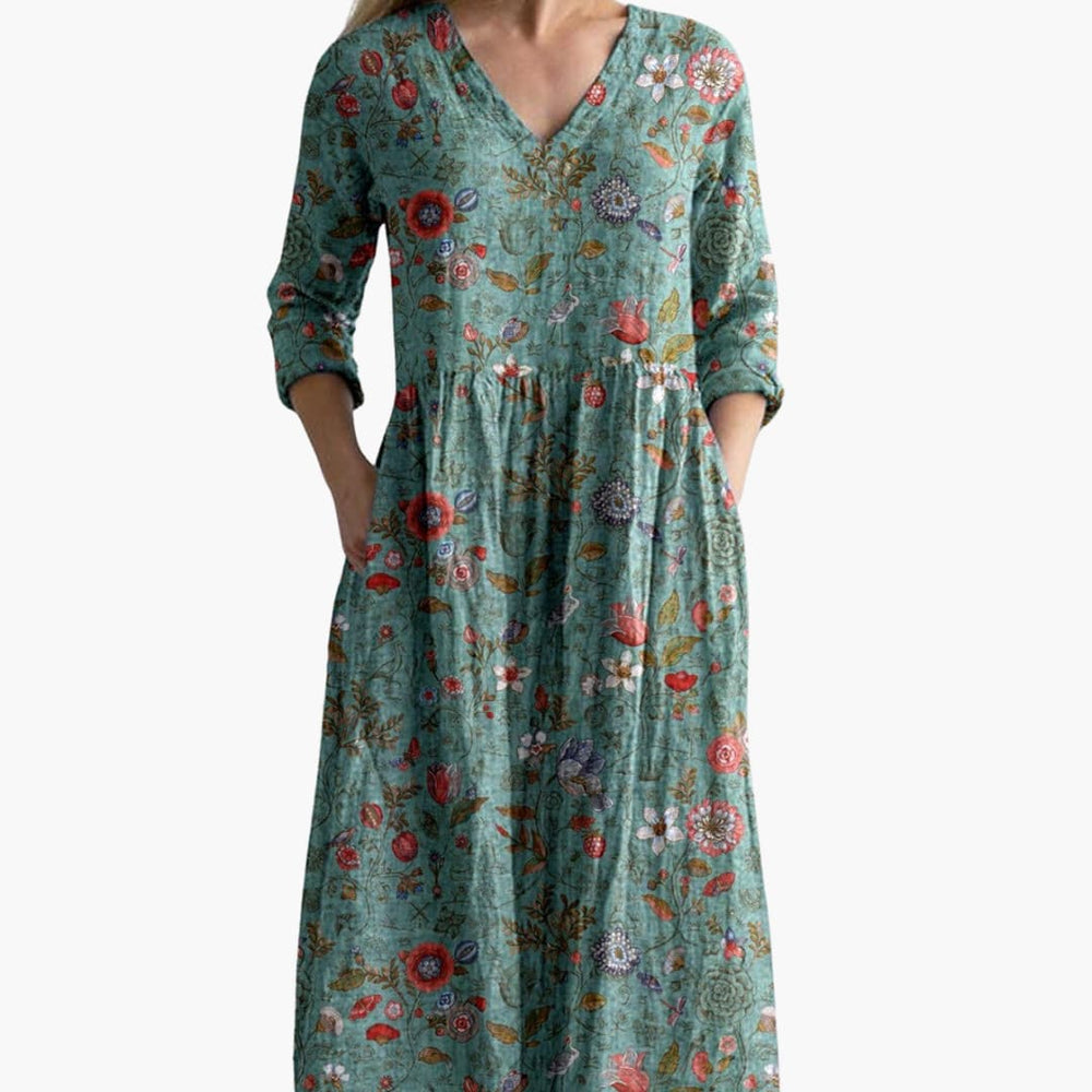 Women’s Long Floral Dress with V-Neckline and Side Pockets