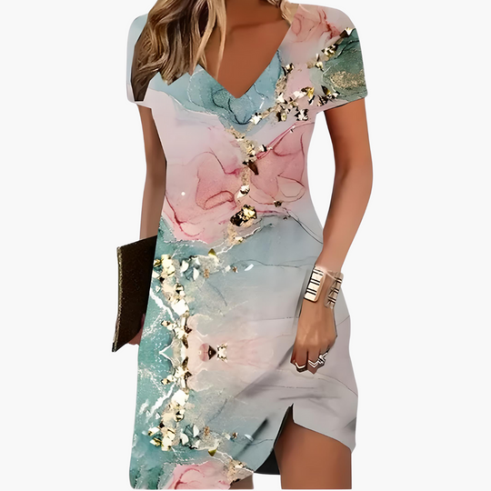 Women’s Short Dress with V Neckline and Asymmetric Hem