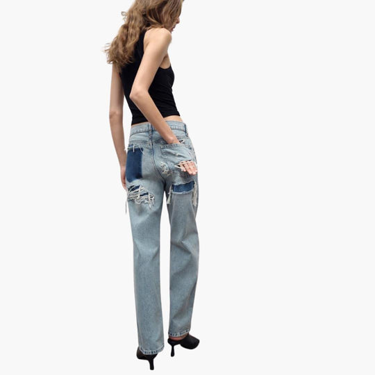 Women's Denim Jeans with Relaxed Fit and Distressed Details