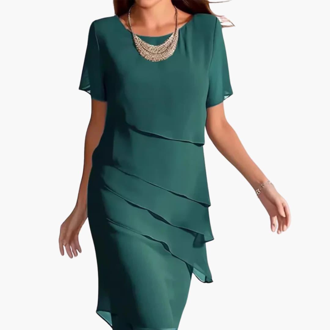 Women's Midi Dress with Layered Ruffles and Short Sleeves