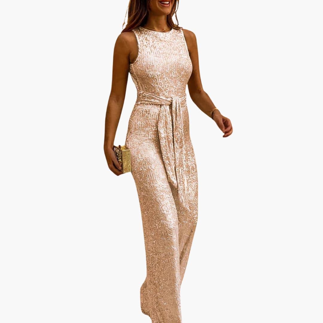 Women's Glitter Jumpsuit with Backless Design and Tie Belt