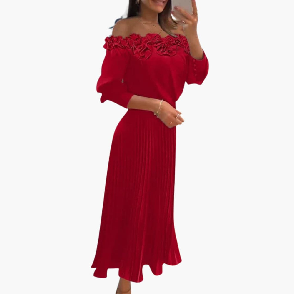 Women's Maxi Dress with Off-Shoulder Neckline and Floral Detail