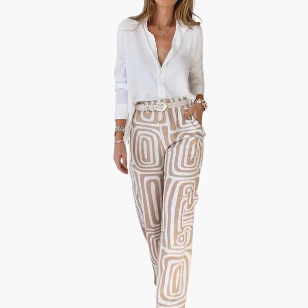 Women's Two-Piece Set with Long-Sleeve Shirt and Printed Wide-Leg Trousers