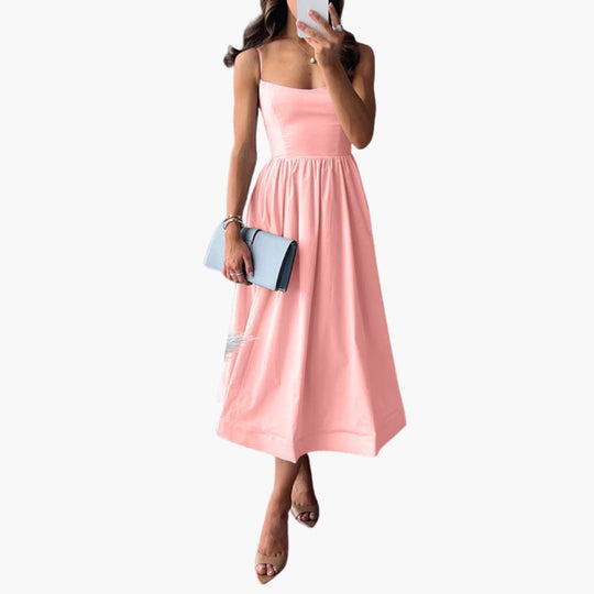 Women’s Midi Dress with Adjustable Straps and A Line Skirt