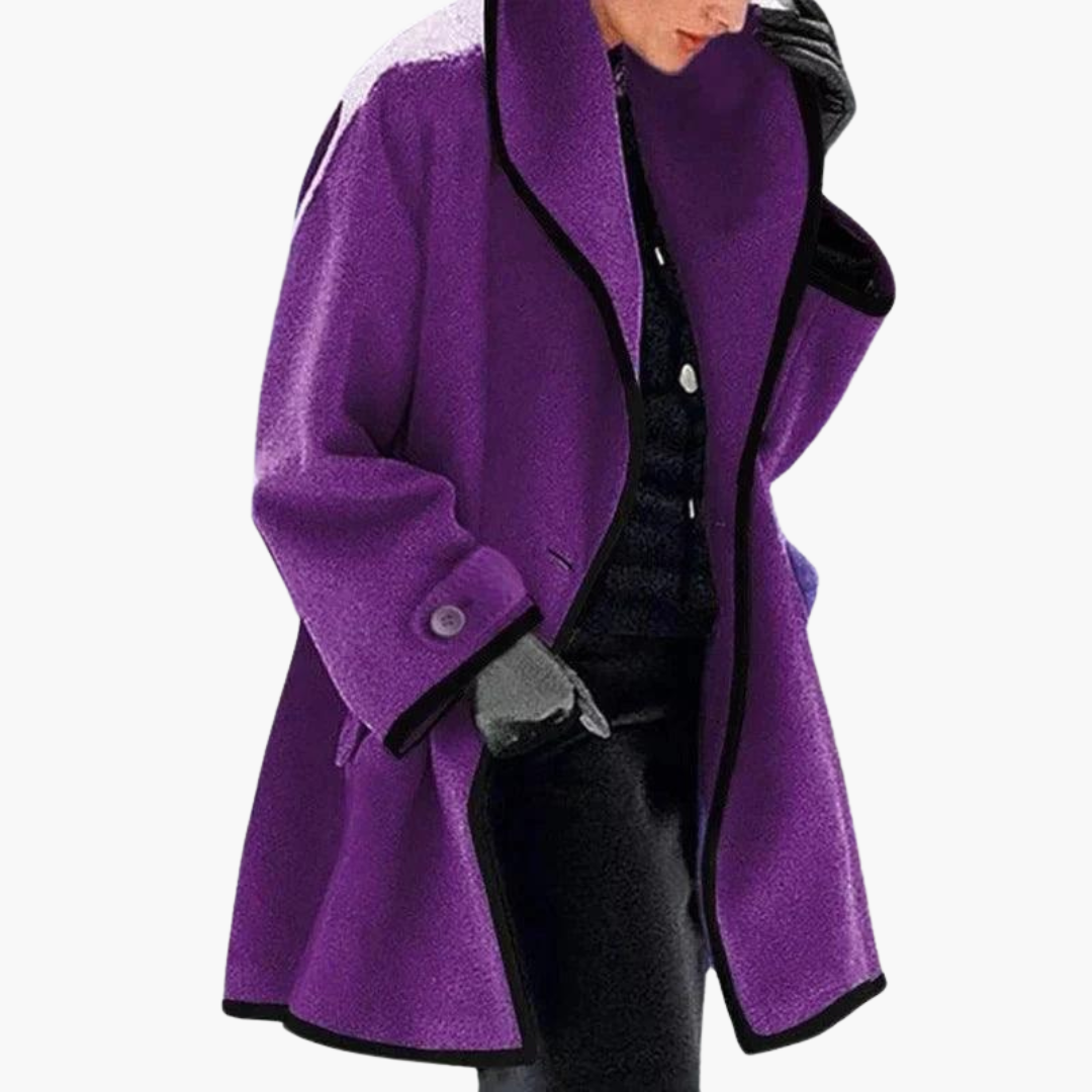 Women’s Open Front Winter Coat with Contrast Trim and Side Pockets