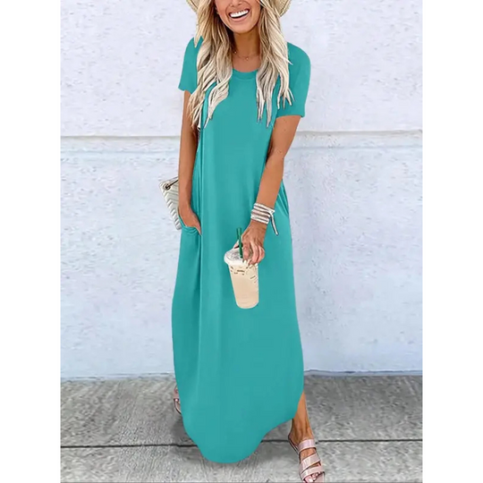 Women's Casual Maxi Dress with Round Neck and Flowing Fit