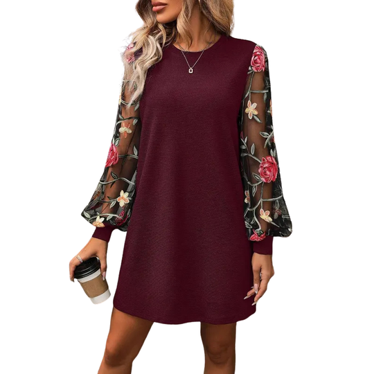 Women's Floral Embroidered Bishop Sleeve Dress with Classic Shift Silhouette