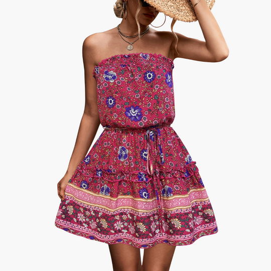 Women’s Strapless with Floral Mini Dress and Adjustable Drawstring
