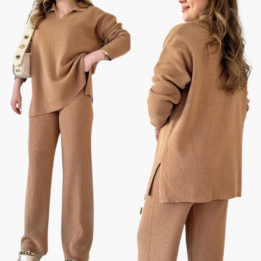 Women’s V-Neck Two-Piece Set with Wide-Leg Trousers