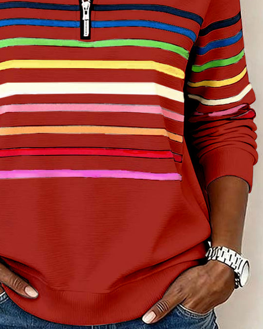 Women's Sweatshirt with Stripes and Half-Zip Design