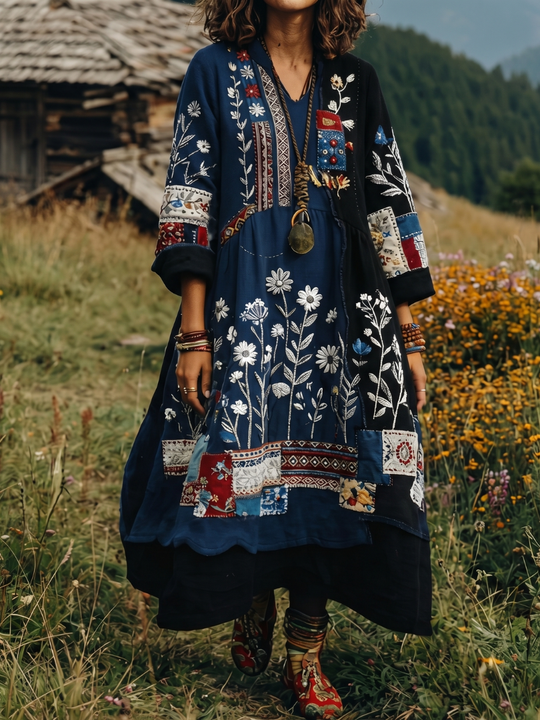 Alix | Embroidered Panel Long Sleeve Midi Dress