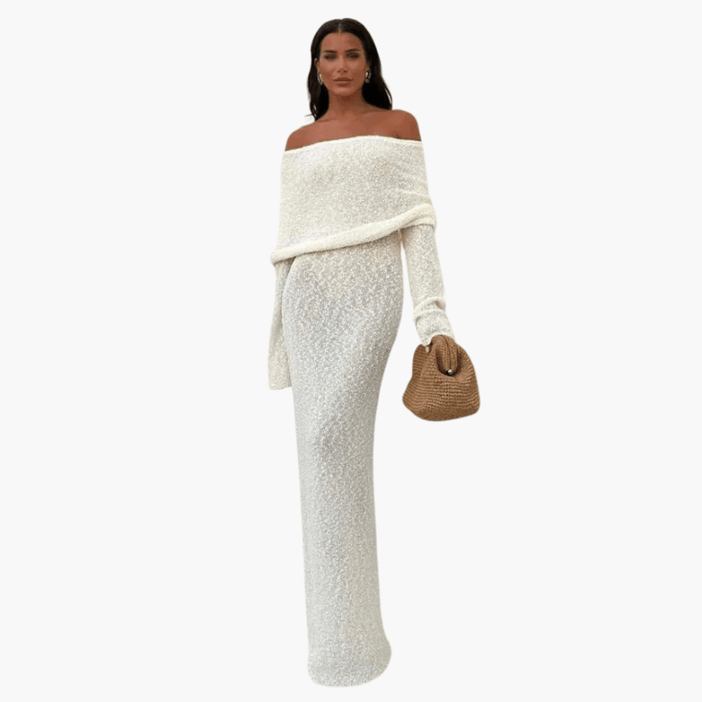 Women's Off-Shoulder White Maxi Dress with Long Sleeves