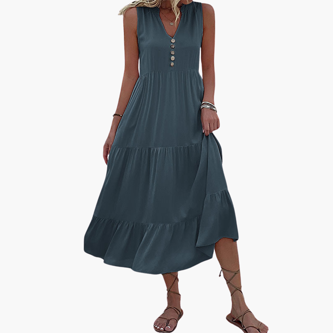 Women's Sundress with High-Waist Silhouette and Ruched Hem