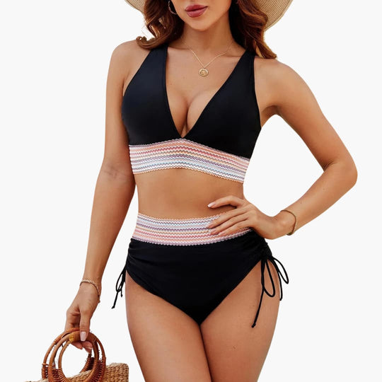Women’s Bikini Set with High - Waisted Bottoms and Integrated Shaping Panel