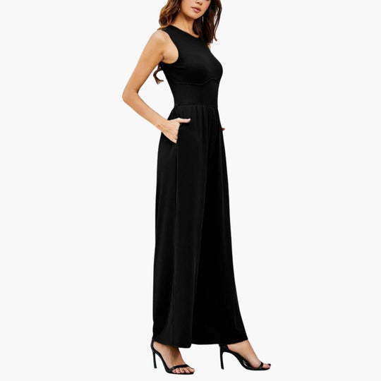 Women's Sleeveless Jumpsuit with Round Neckline and Wide-Leg Cut