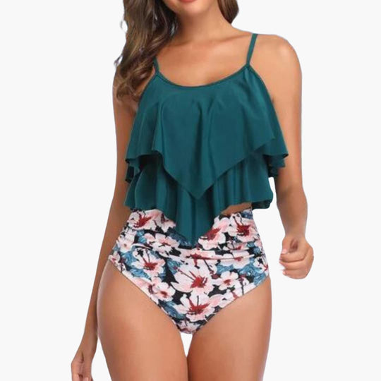 Women’s Tankini Set with Ruffle Top and High - Waisted Bottoms