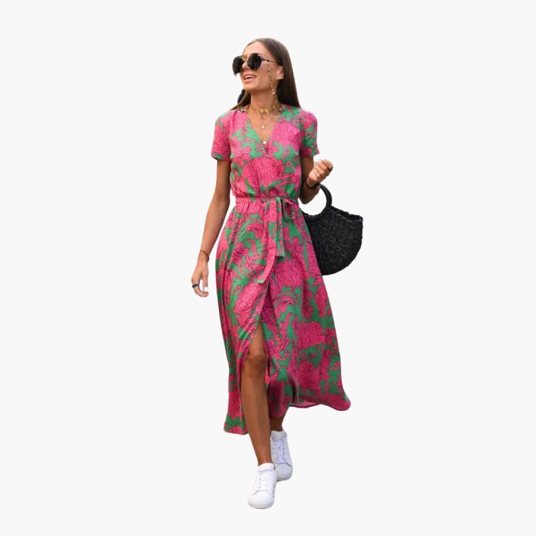 Women's Floral Midi Dress with Wrap Design and Tie Waist