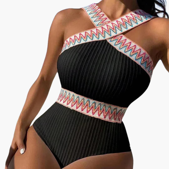 Women’s One - Piece Swimsuit with Striped Pattern and Integrated Shaping Panel