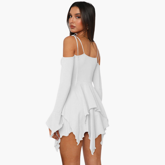 Women’s Mini Dress with Off-the-Shoulder Neckline and Layered Design